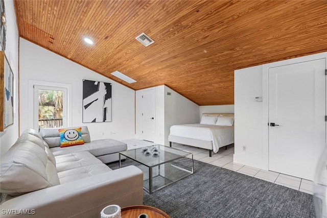 unfurnished living room featuring wooden ceiling, light tile patterned floors, and vaulted ceiling