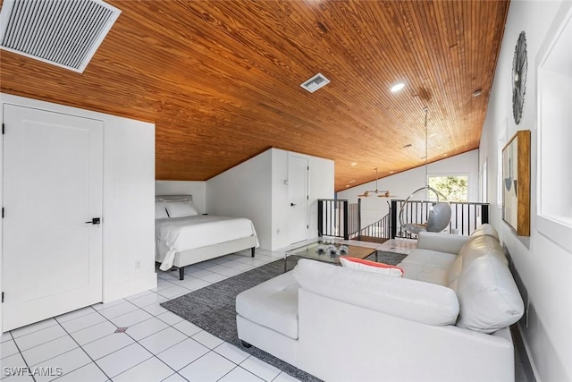 tiled living room featuring vaulted ceiling and wooden ceiling