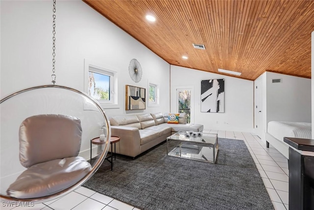 living room featuring light tile patterned floors, wooden ceiling, and high vaulted ceiling