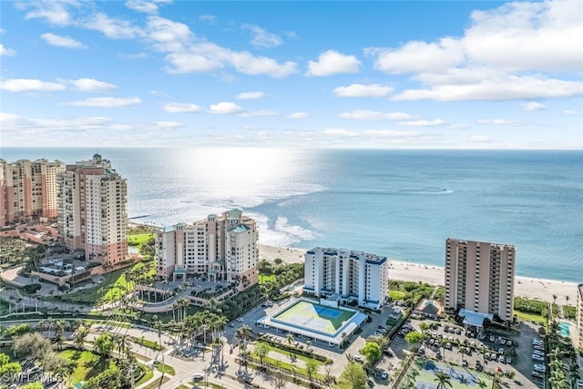 drone / aerial view with a water view and a beach view