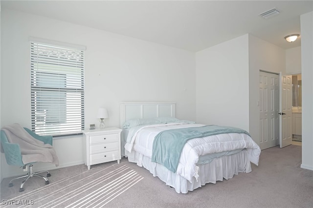 carpeted bedroom featuring ensuite bathroom and a closet