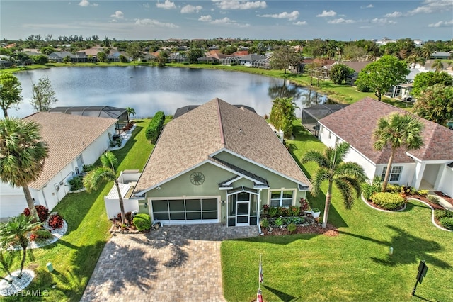 drone / aerial view featuring a water view