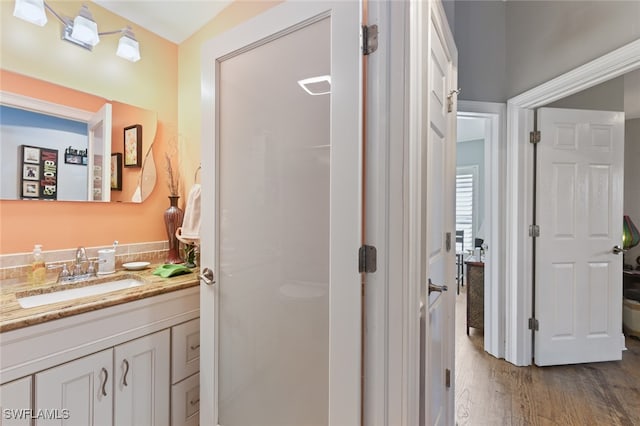 bathroom with wood-type flooring and vanity