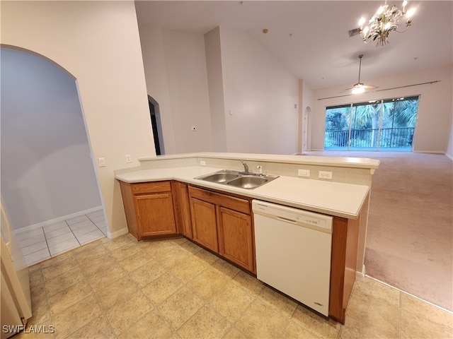 kitchen featuring hanging light fixtures, sink, dishwasher, light colored carpet, and ceiling fan with notable chandelier