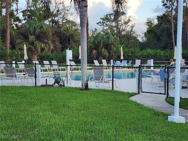 view of pool featuring a lawn