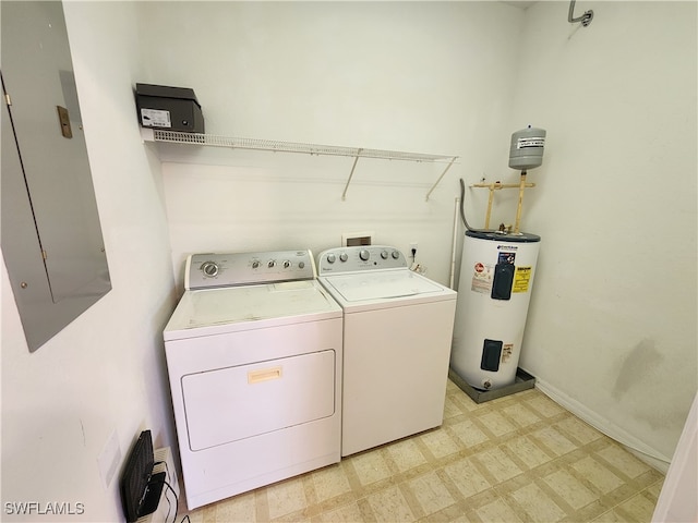 laundry room with water heater, washing machine and dryer, and electric panel