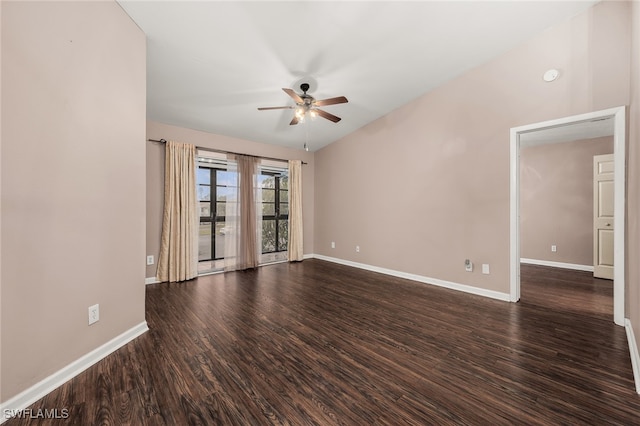 empty room with ceiling fan and dark wood-type flooring