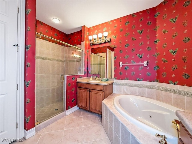 full bath featuring vanity, a shower stall, a tub with jets, and wallpapered walls