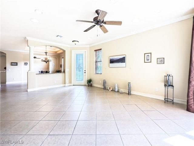 unfurnished living room featuring ceiling fan with notable chandelier, ornamental molding, and light tile patterned flooring