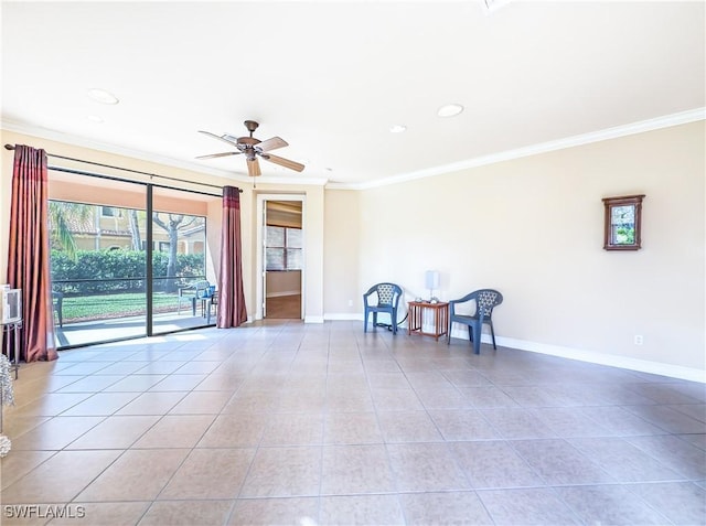 empty room with ceiling fan, ornamental molding, and light tile patterned floors