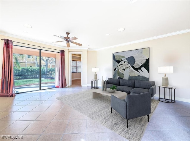 living room featuring crown molding, light tile patterned floors, and ceiling fan