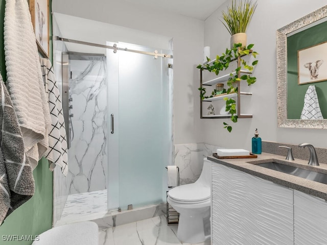 bathroom with walk in shower, vanity, and toilet