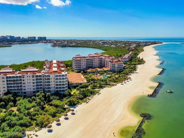 aerial view with a beach view and a water view