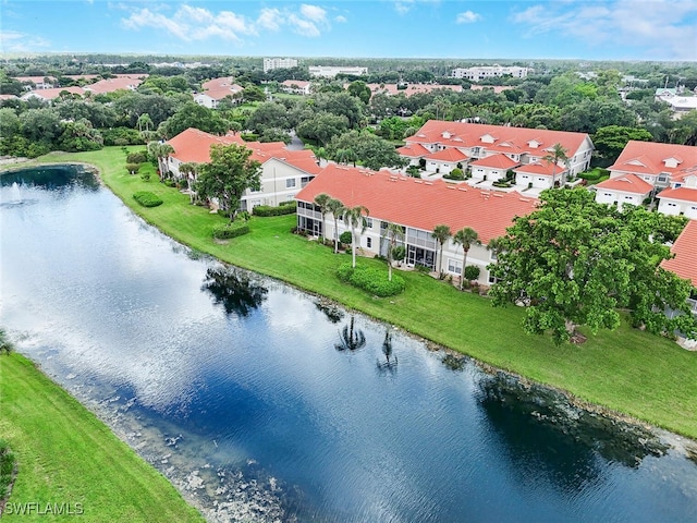 drone / aerial view featuring a water view