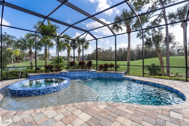 view of pool with a lanai, a patio area, a yard, and an in ground hot tub