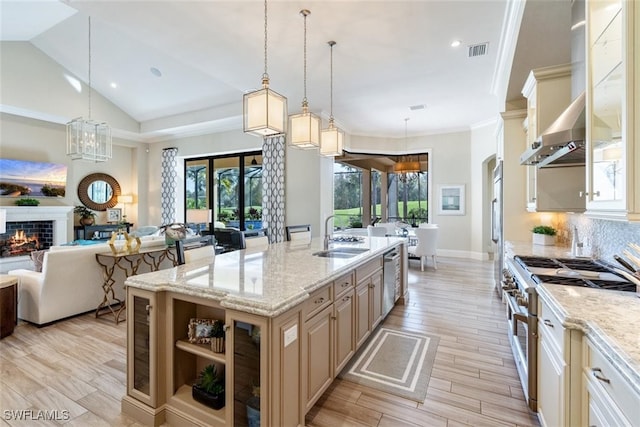 kitchen with an island with sink, appliances with stainless steel finishes, pendant lighting, and sink