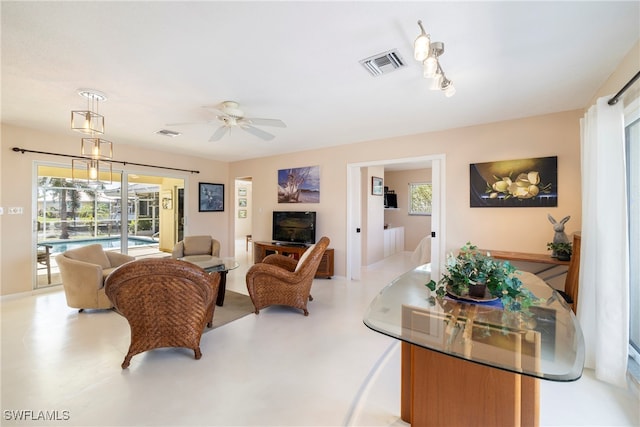 living room with ceiling fan