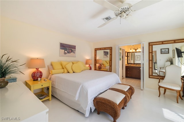 bedroom with ensuite bathroom and ceiling fan