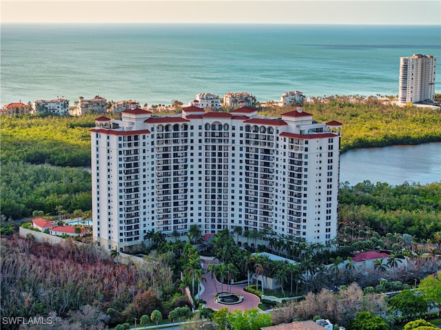 drone / aerial view with a water view