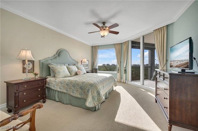 carpeted bedroom with ceiling fan, ornamental molding, and access to outside