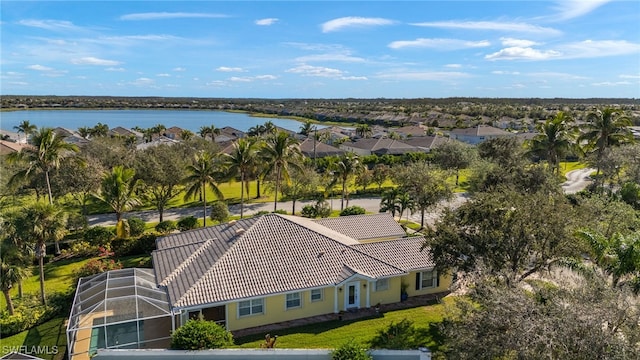 aerial view featuring a water view