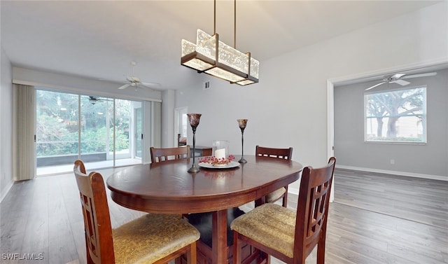 dining area with light hardwood / wood-style flooring, ceiling fan, and plenty of natural light