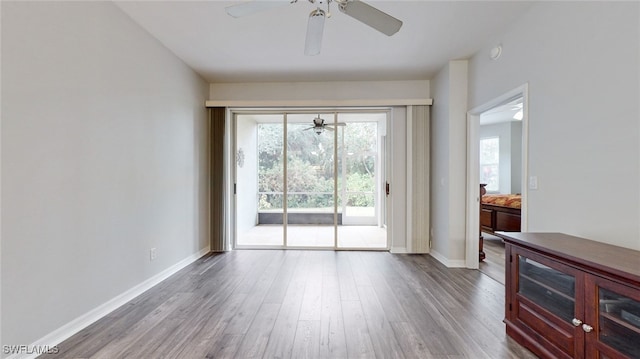 interior space with a wealth of natural light, hardwood / wood-style flooring, and ceiling fan