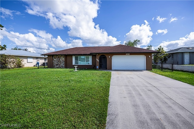 single story home with a garage and a front yard