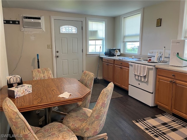 dining space featuring dark hardwood / wood-style flooring and a wall mounted air conditioner