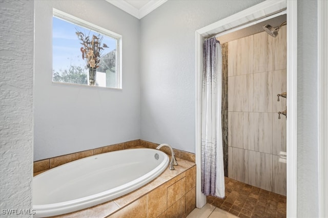 bathroom featuring separate shower and tub, tile patterned flooring, and crown molding