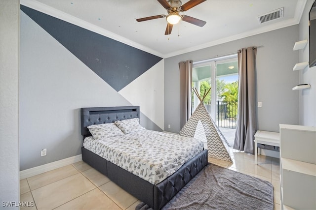 bedroom with ceiling fan, light tile patterned floors, crown molding, and access to outside