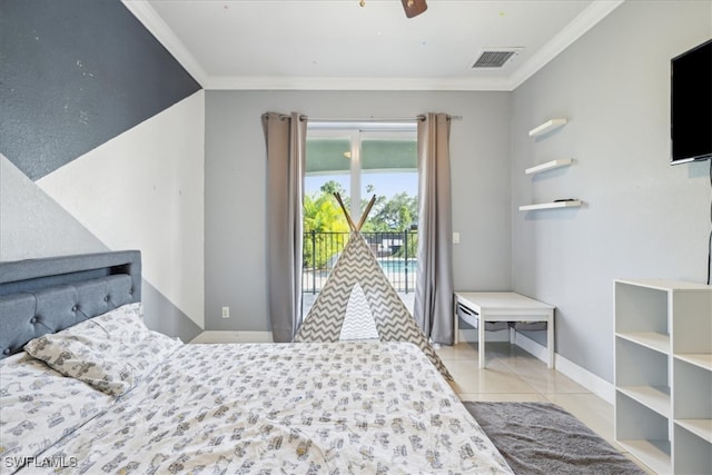 bedroom with ceiling fan, light tile patterned floors, ornamental molding, and access to exterior