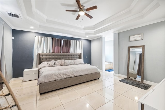 bedroom with light tile patterned flooring, ceiling fan, a tray ceiling, and ornamental molding