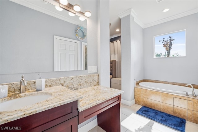 bathroom featuring shower with separate bathtub, vanity, tile patterned flooring, and crown molding