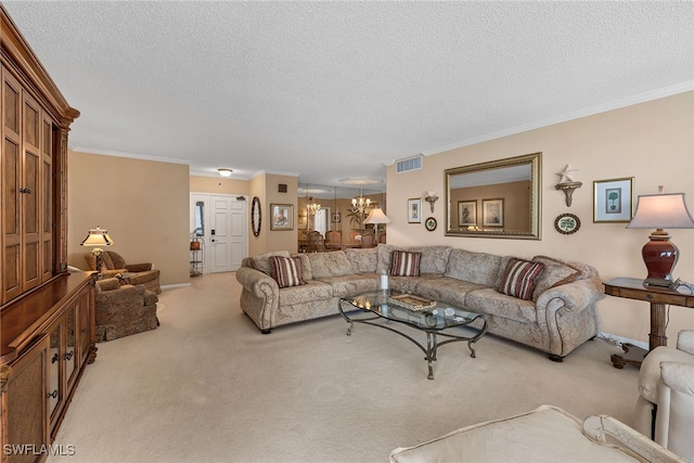 living room with light colored carpet, a textured ceiling, and ornamental molding