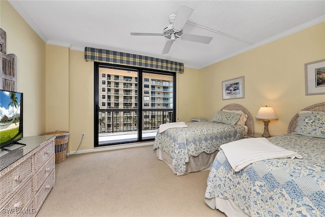 bedroom with light colored carpet, access to exterior, a textured ceiling, ornamental molding, and ceiling fan