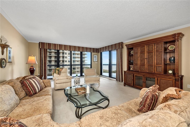 carpeted living room featuring a textured ceiling and crown molding