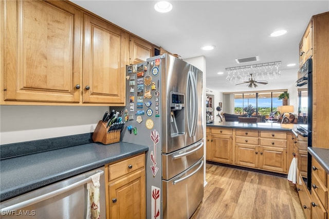 kitchen with ceiling fan, light hardwood / wood-style flooring, and appliances with stainless steel finishes