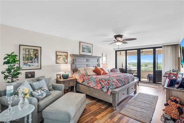 bedroom with access to outside, ceiling fan, and hardwood / wood-style flooring