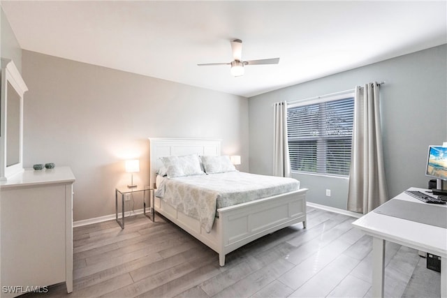 bedroom featuring light wood-type flooring and ceiling fan