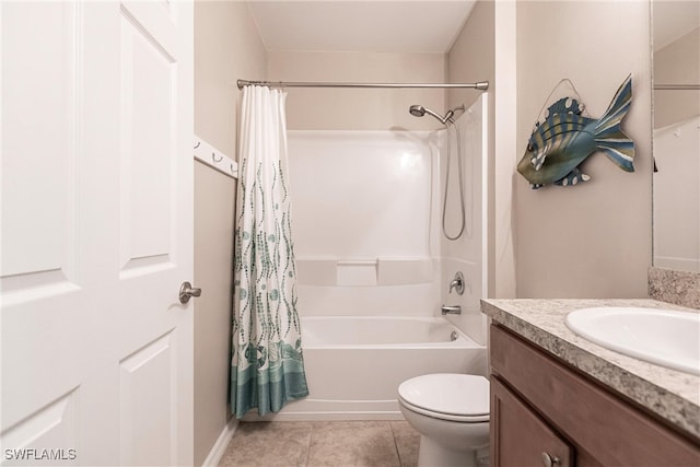 full bathroom featuring vanity, shower / tub combo, tile patterned flooring, and toilet