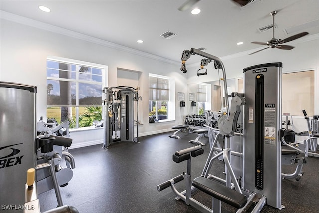 exercise room featuring crown molding and ceiling fan