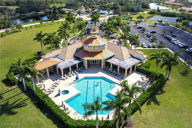 bird's eye view with a water view