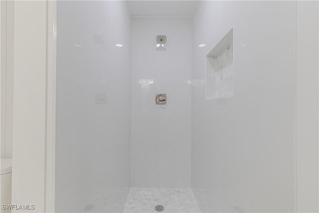 full bathroom featuring tiled shower and toilet