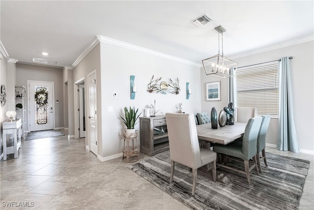 dining space with ornamental molding, visible vents, and baseboards