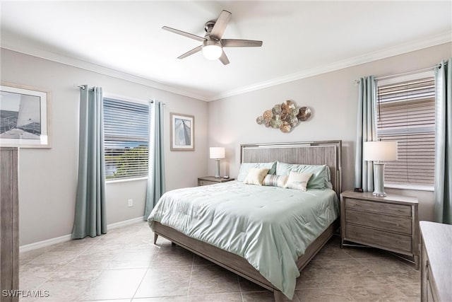 bedroom featuring ceiling fan, baseboards, and ornamental molding