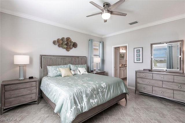 bedroom with crown molding, visible vents, ensuite bathroom, ceiling fan, and tile patterned flooring