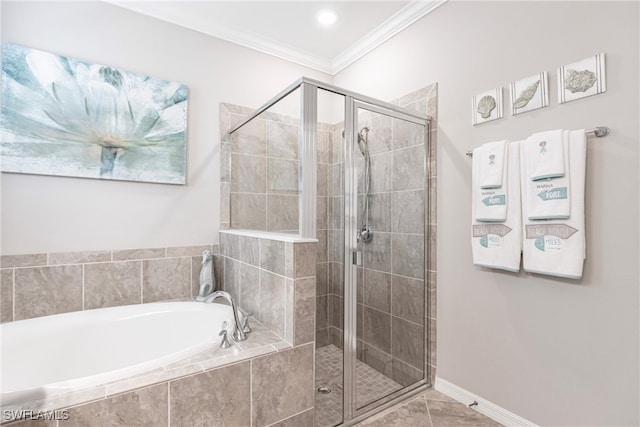 full bath with a shower stall, tile patterned floors, a bath, and crown molding