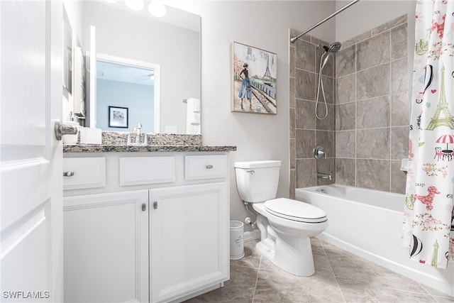 full bath featuring toilet, shower / tub combo, tile patterned flooring, and vanity