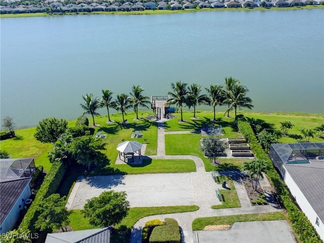 aerial view featuring a water view